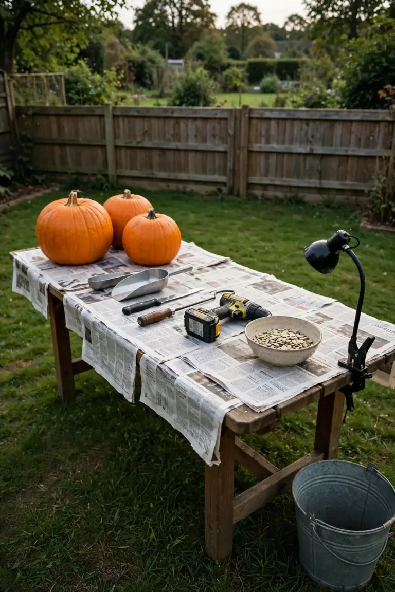 Outdoor carving station on a garden table with uncarved pumpkins, tools in a row and a bucket