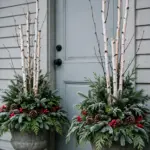 A matched pair of Christmas urns flanking a front door with evergreen boughs and berries.