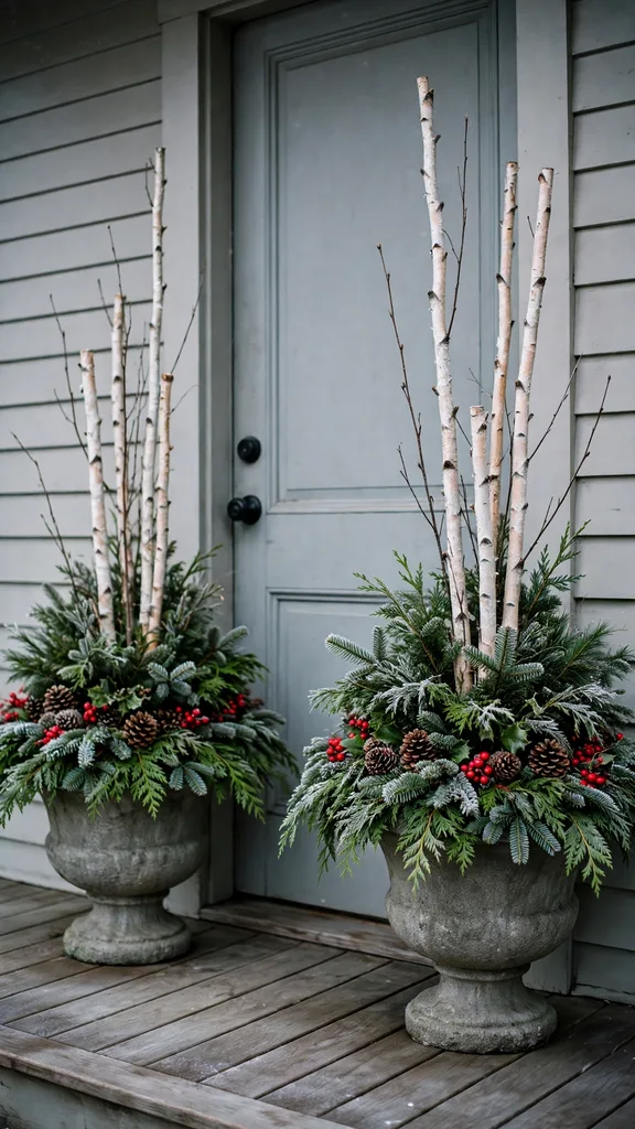 A matched pair of Christmas urns flanking a front door with evergreen boughs and berries.