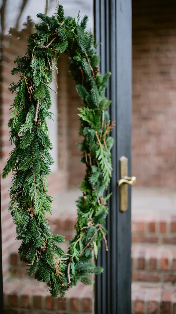 A tall oval evergreen wreath hanging vertically on a narrow front door