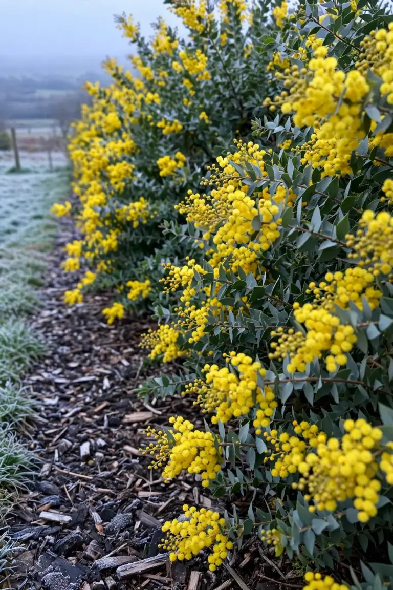 Ovens wattle windbreak with wedge-shaped leaves and golden flowers