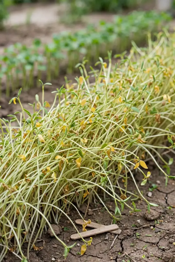 Overcrowded adzuki bean seedlings competing in a garden row
