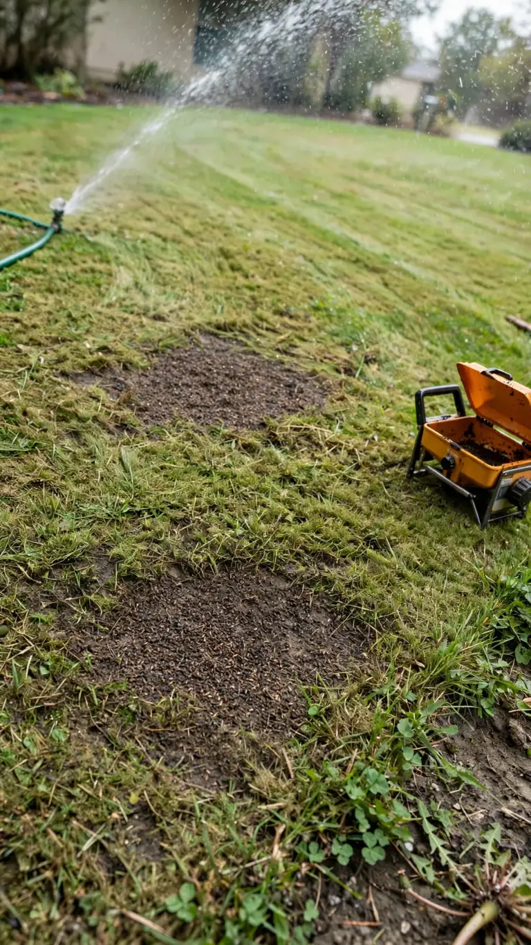 Freshly overseeded lawn with bare patches and a parked broadcast spreader