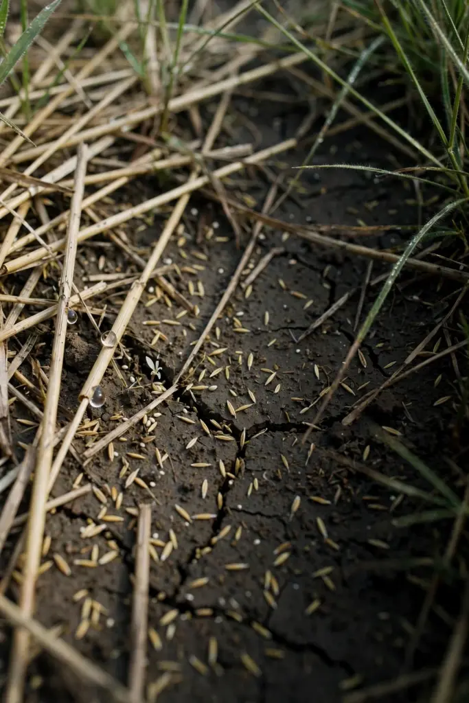 Grass seed scattered over a raked bare patch with straw mulch