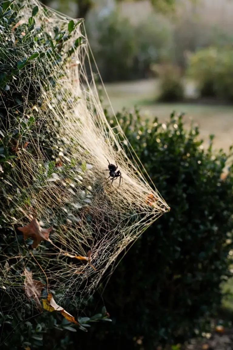 One oversized stretch spider web draped across the largest shrub with a single large spider at its center