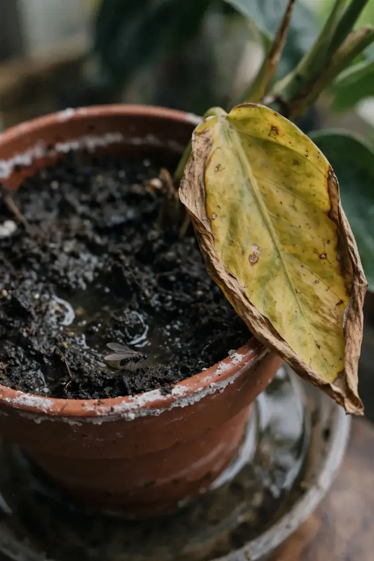 Overwatered houseplant leaf with brown tip and soggy dark soil