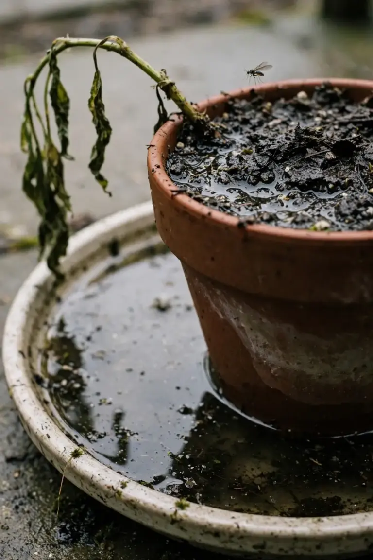 Soggy potting mix with water pooled in a plant saucer