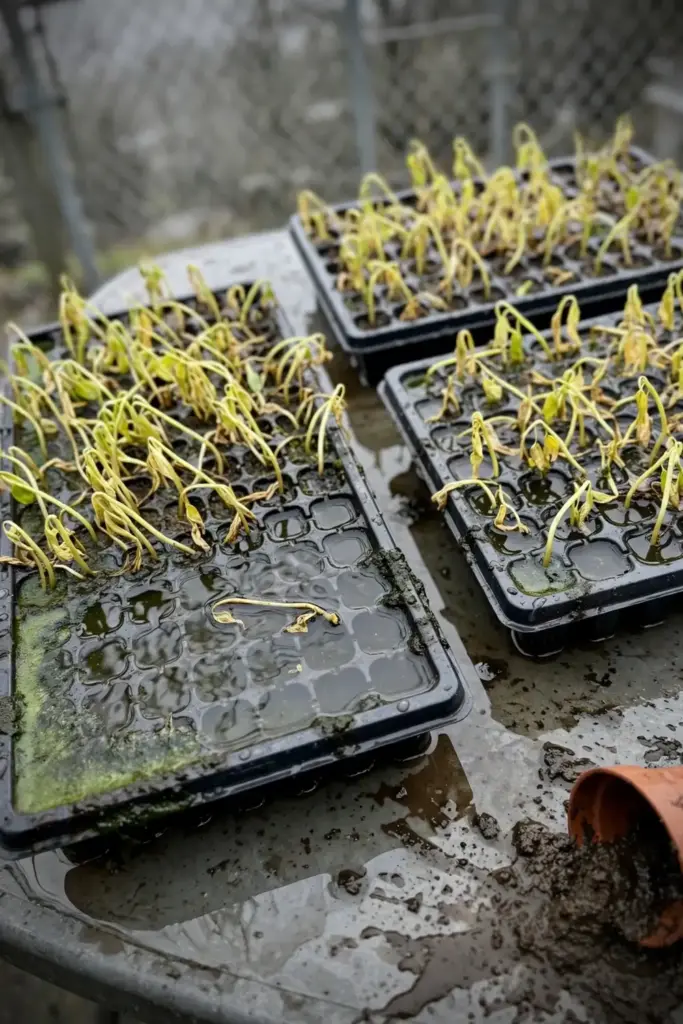 Waterlogged seedling trays with puddled water and yellowing young plants.
