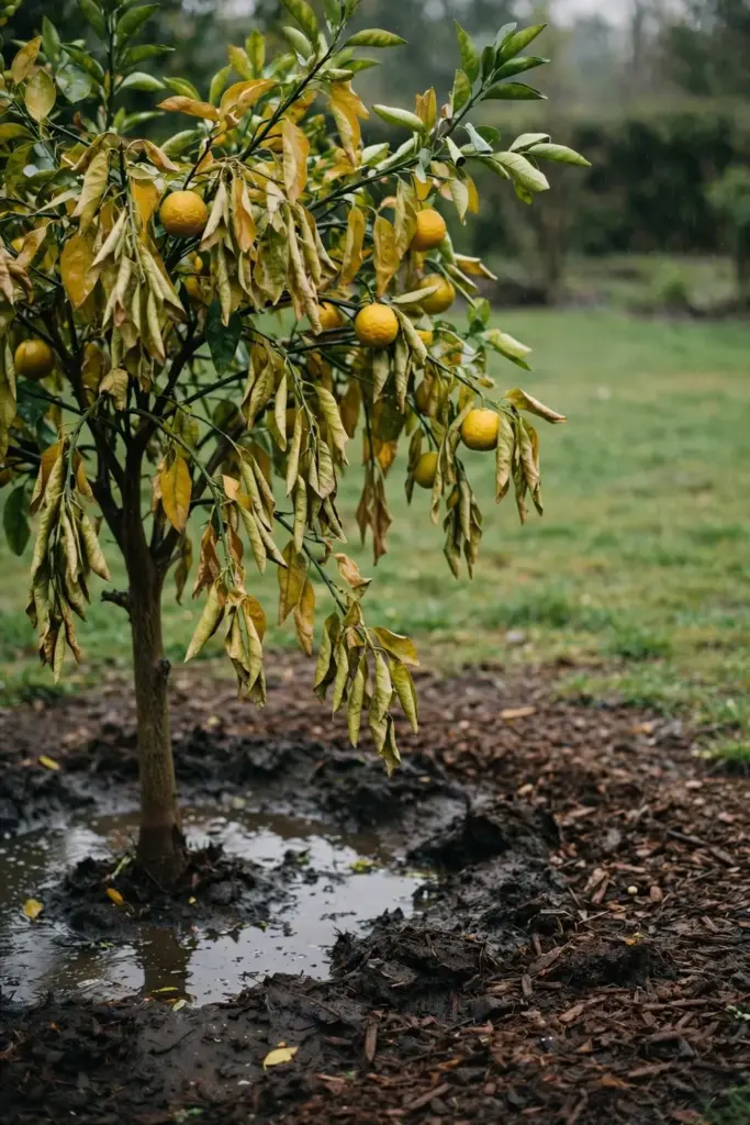 Yellow citrus canopy over waterlogged soil with puddle at base