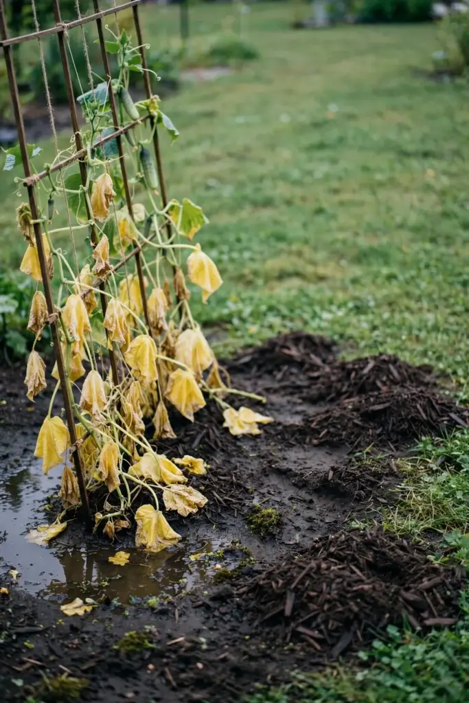 Cucumber vine yellowing from the base up over waterlogged soil