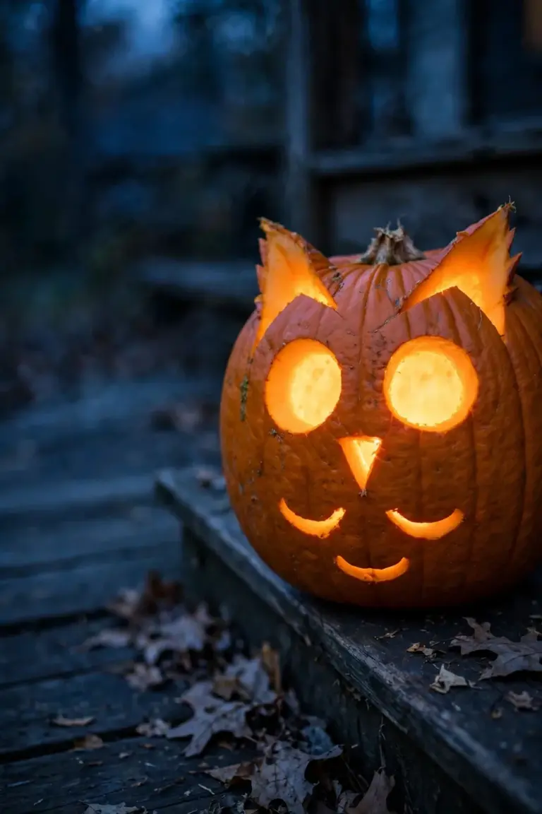 Pumpkin carved as a simple owl with two round glowing eyes, a triangle beak and triangle ear tufts
