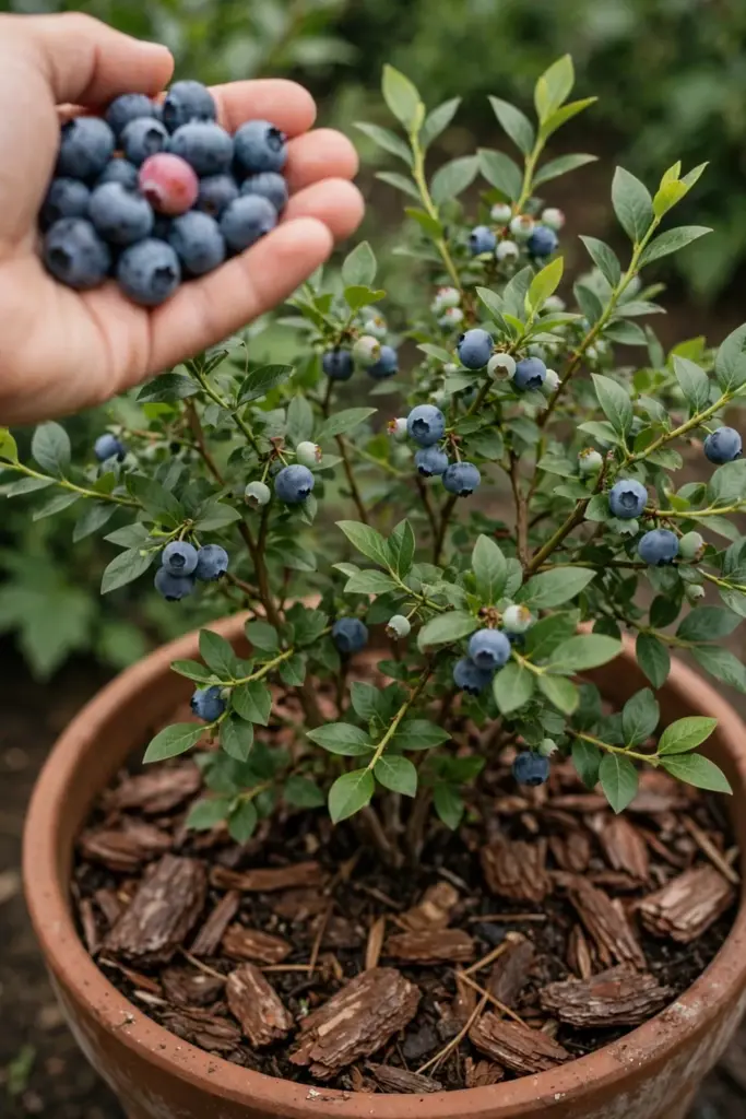 Hand cupping freshly picked ripe blueberries above a potted bush