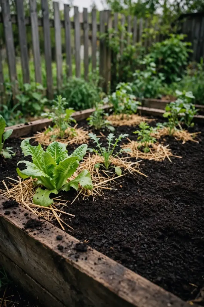 Garden bed with fresh dark compost spread on the surface around vegetables