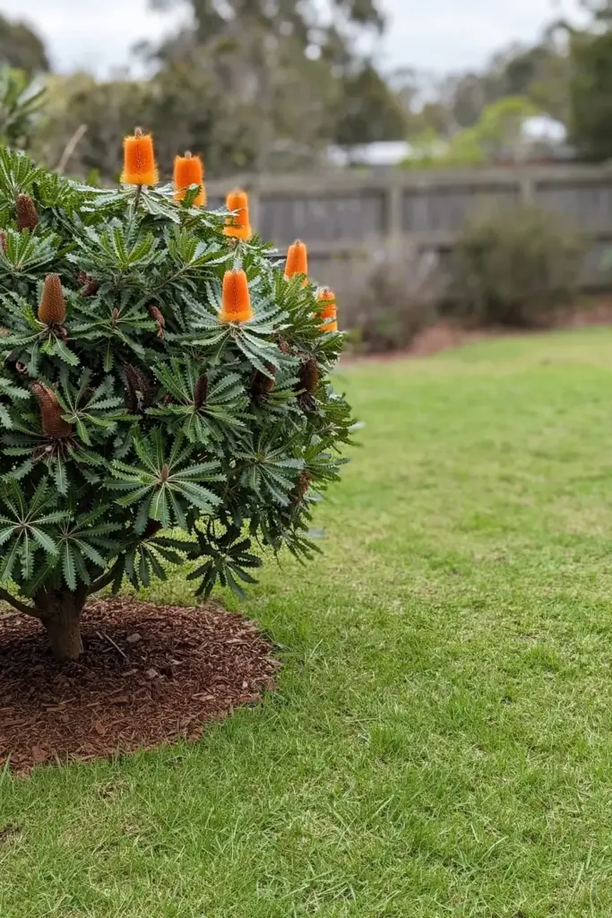 Established banksia in a mulched garden bed under full sun