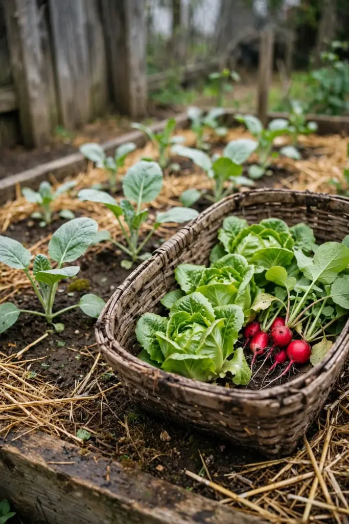 First harvest of lettuce and radish from a small garden bed