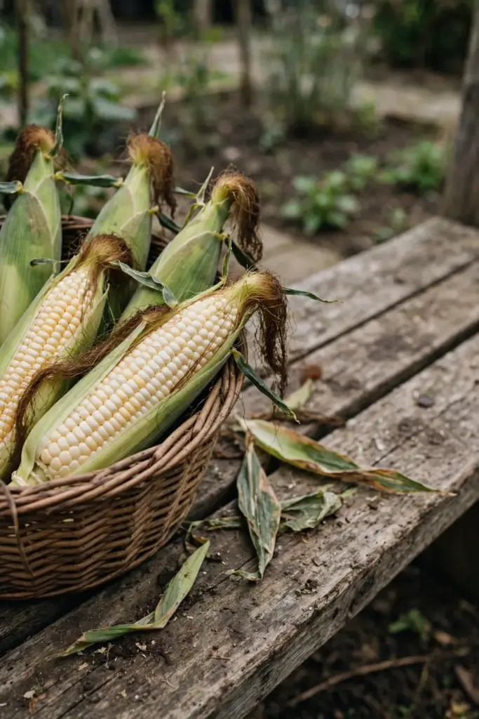 Freshly picked corn cobs with brown silks in a basket