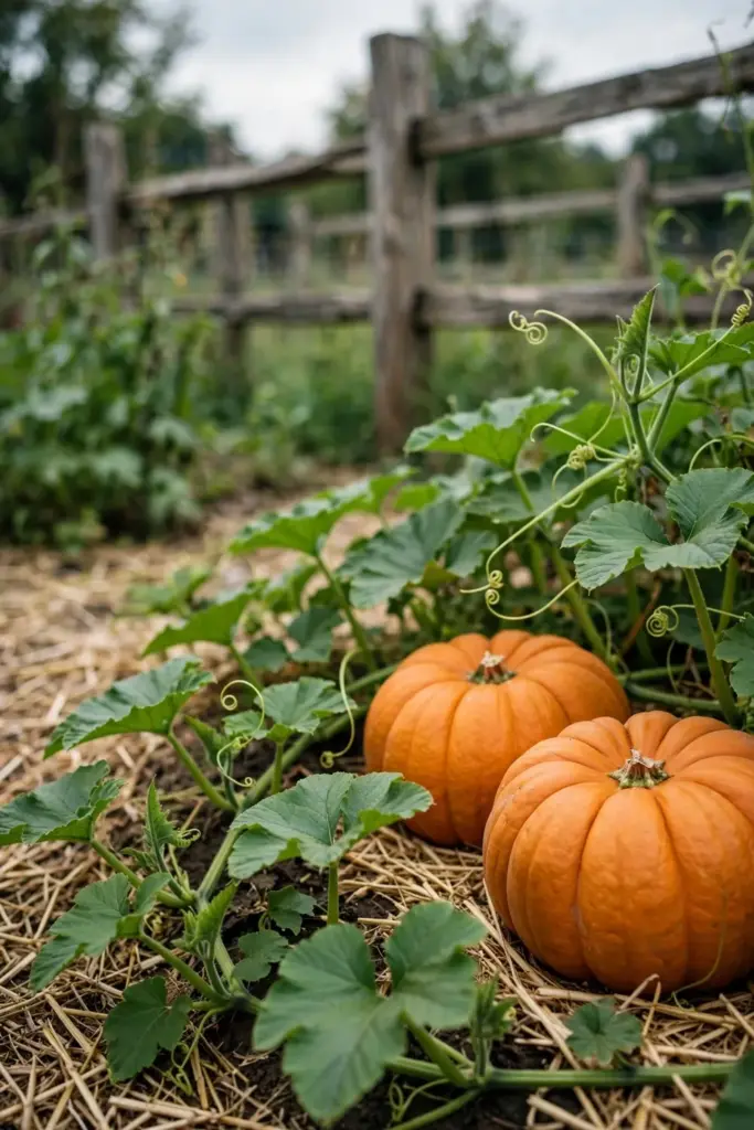 Healthy pumpkin patch with unblemished leaves and fruit after treatment