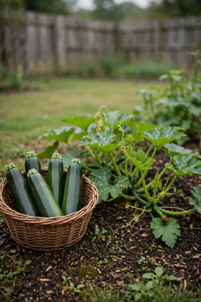 Basket of freshly picked zucchini beside a healthy green vine