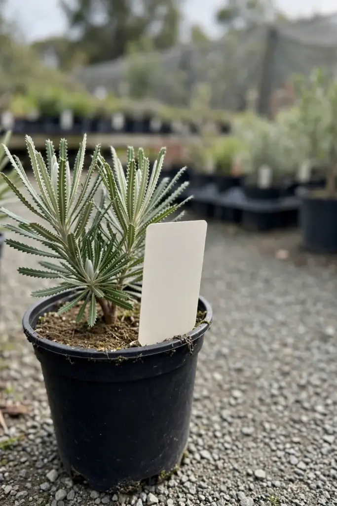 Labeled banksia plant in a pot at a nursery with a blank plant tag