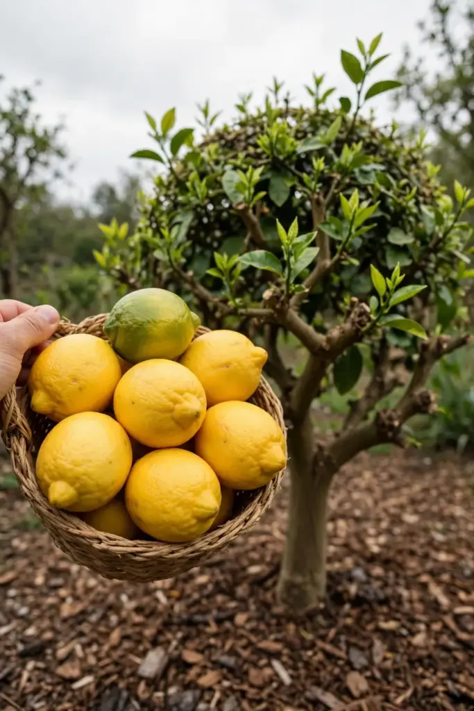 Hand holding a small basket of freshly picked yellow lemons by a pruned tree