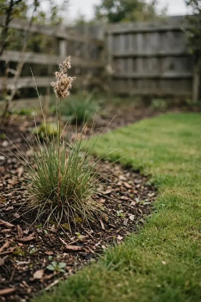 Named grass clump with a seed head standing in a garden bed beside a lawn edge