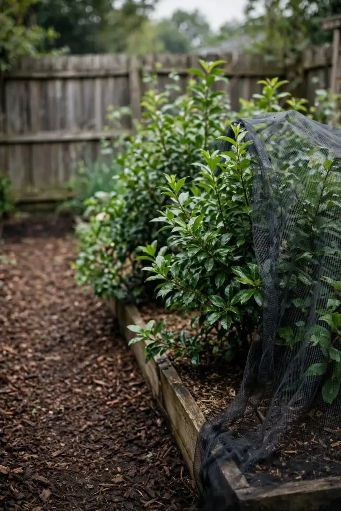 Healthy garden bed with clean leaves and mesh cover after treatment