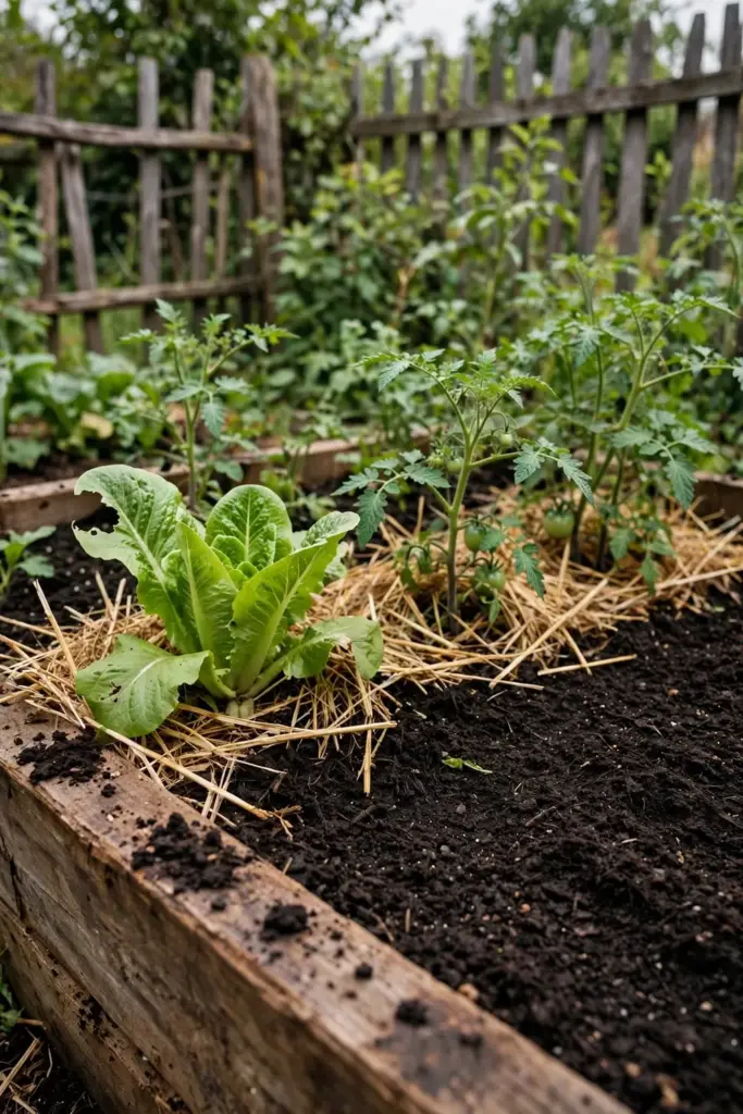 Lush vegetable bed with fresh compost spread on the surface and straw mulch
