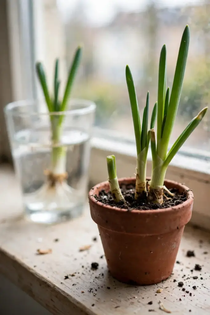 Regrown spring onion in a small pot on a sunny windowsill with fresh green shoots