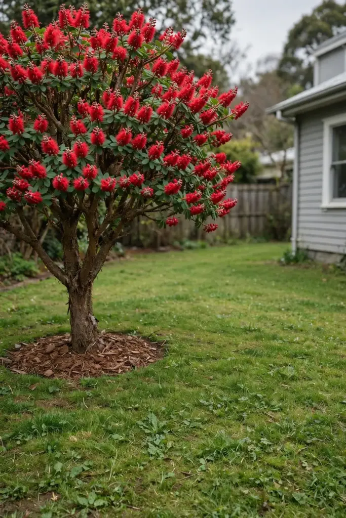 Red flowering gum in a front garden standing clear of the house with open lawn beneath