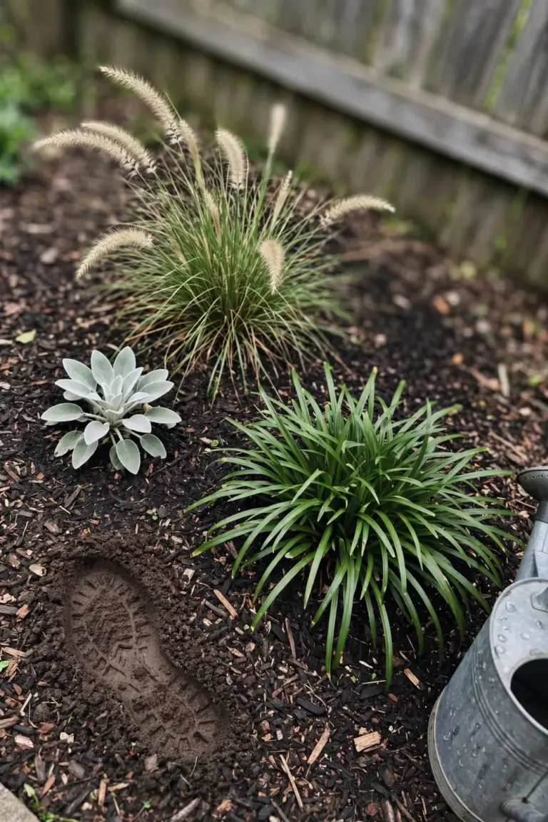 Newly planted texture trio of fountain grass, liriope and lamb's ear in mulch