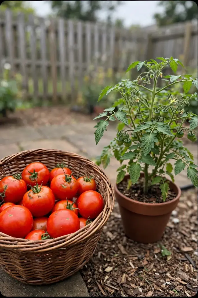 Basket of freshly picked tomatoes beside a potted tomato plant