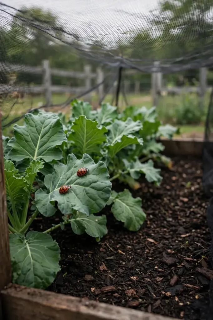 Healthy vegetable bed with mesh cover and ladybirds on the leaves
