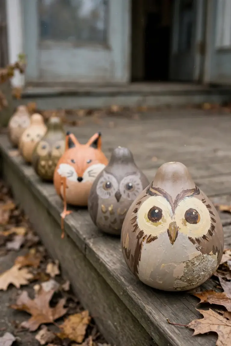 Six painted gourds decorated as woodland creatures in a row along a porch step
