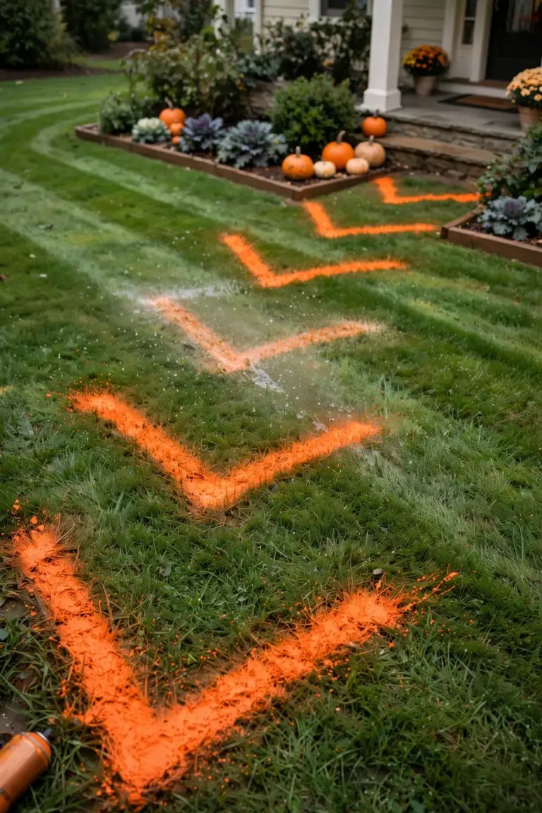 Bright orange painted chevrons on a green lawn curving toward a front porch with pumpkins