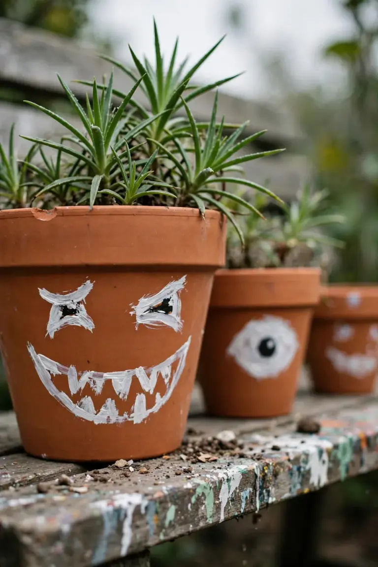 Terracotta pots painted with crooked monster faces, a spiky plant sprouting as hair