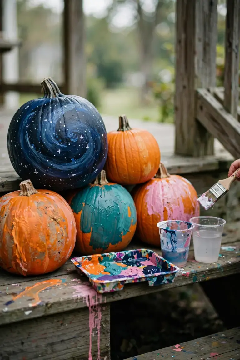 Hand-painted pumpkins in bright tempera on porch steps, small hand adding white stars with a brush