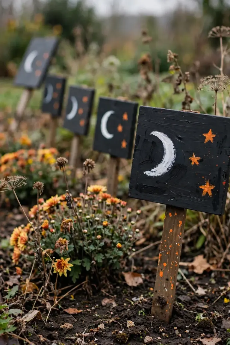 Dark painted wooden plaques on stakes pushed into a flower bed, orange and white painted moon shapes