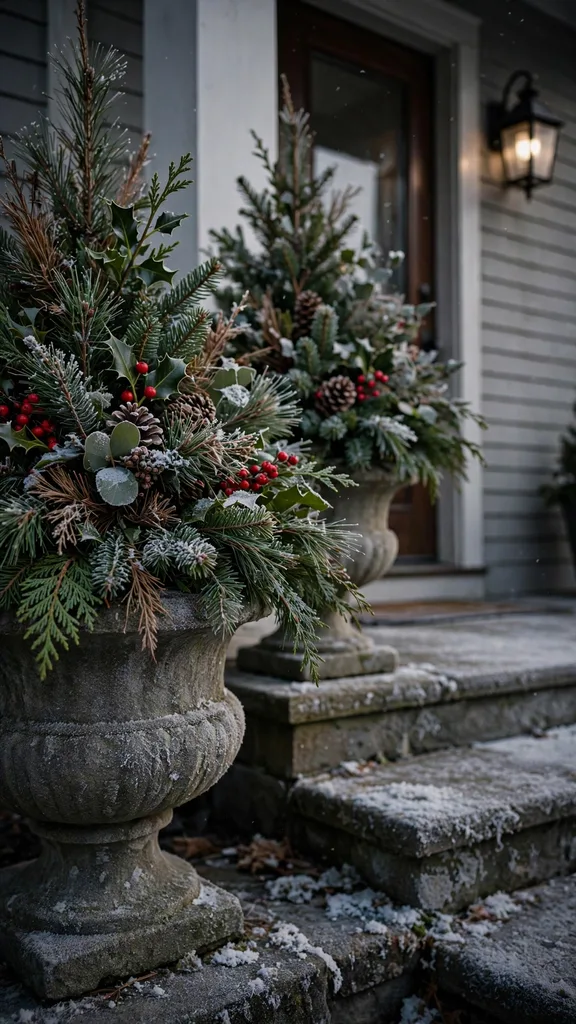 The full pair of Christmas urns at a front door in winter light