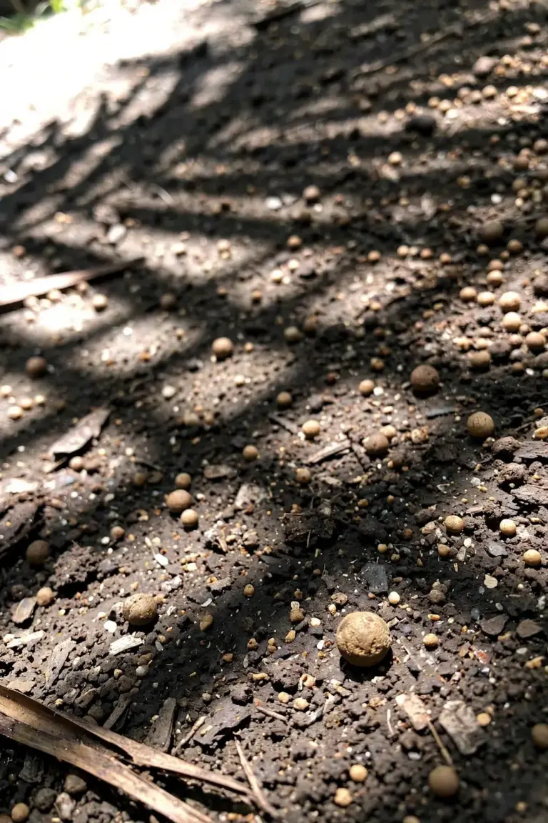 Palm fertilizer granules scattered on soil under a palm canopy