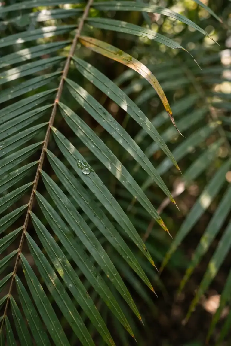 Palm frond close-up showing leaflet detail and veins