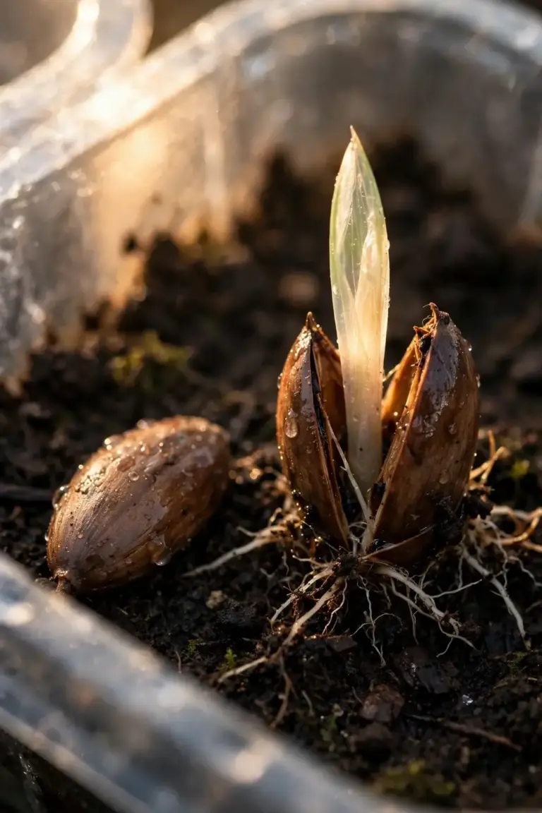 Palm seedling sprouting from a split seed in a soil tray