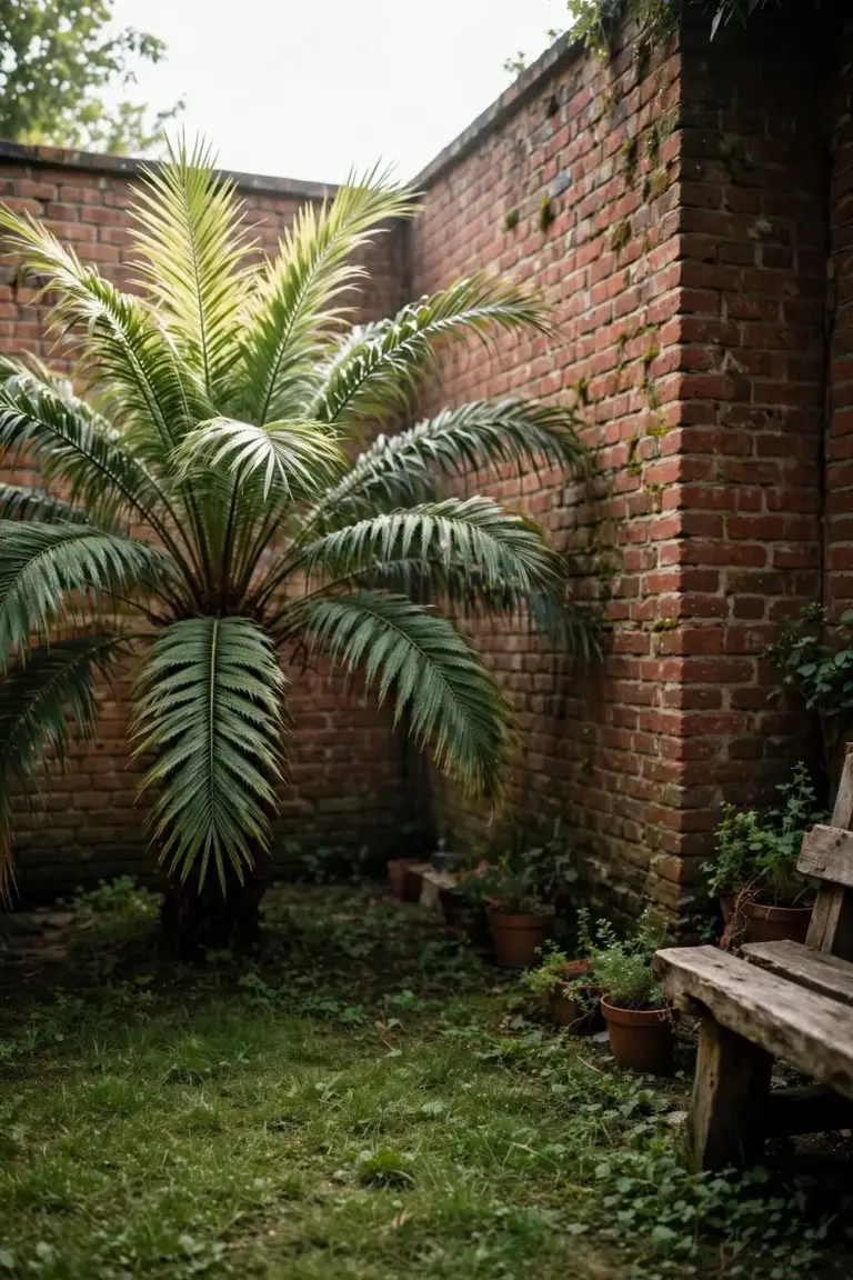 Palm growing in a sheltered courtyard beside a warm brick wall