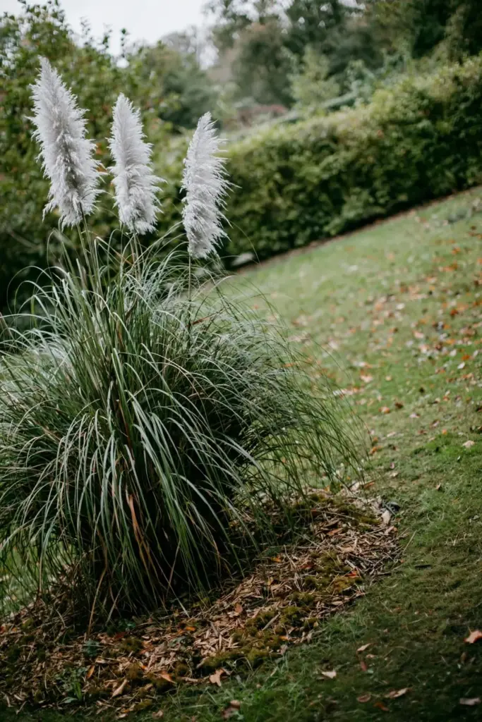 Pampas grass clump with tall silvery-white plumes above long arching leaves