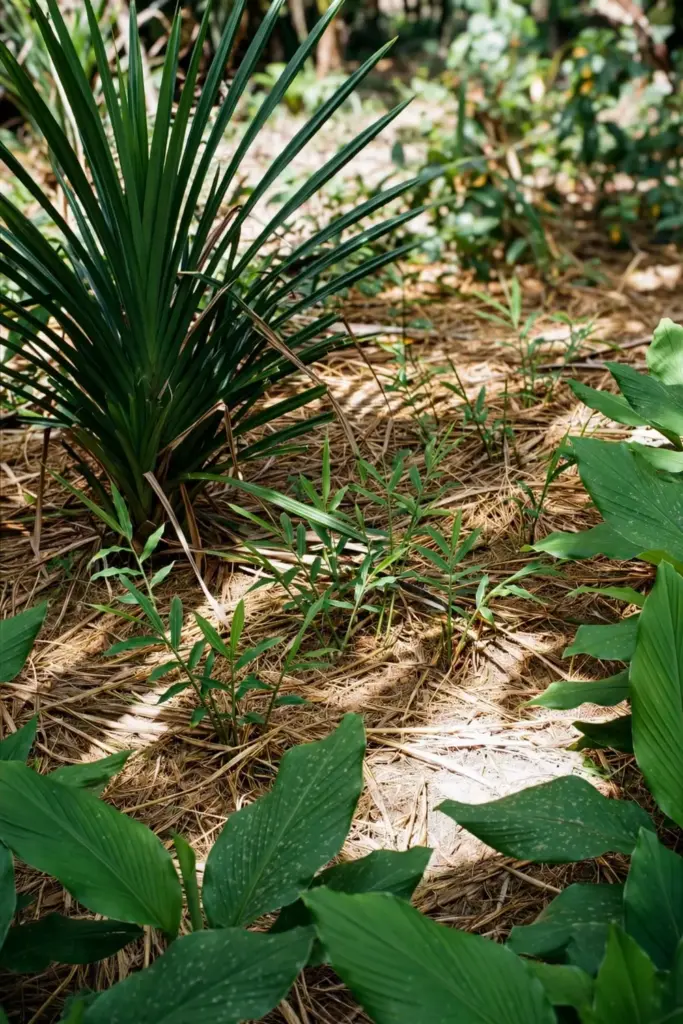 Pandan growing beside ginger and turmeric in a tropical garden corner