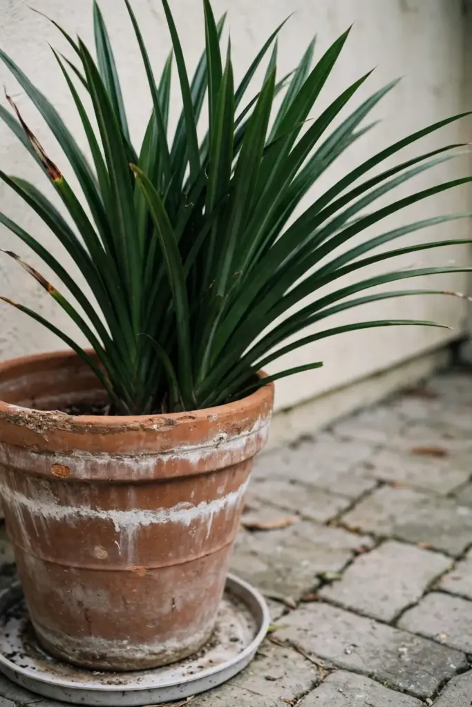 Pandan plant growing in a large terracotta pot on a patio