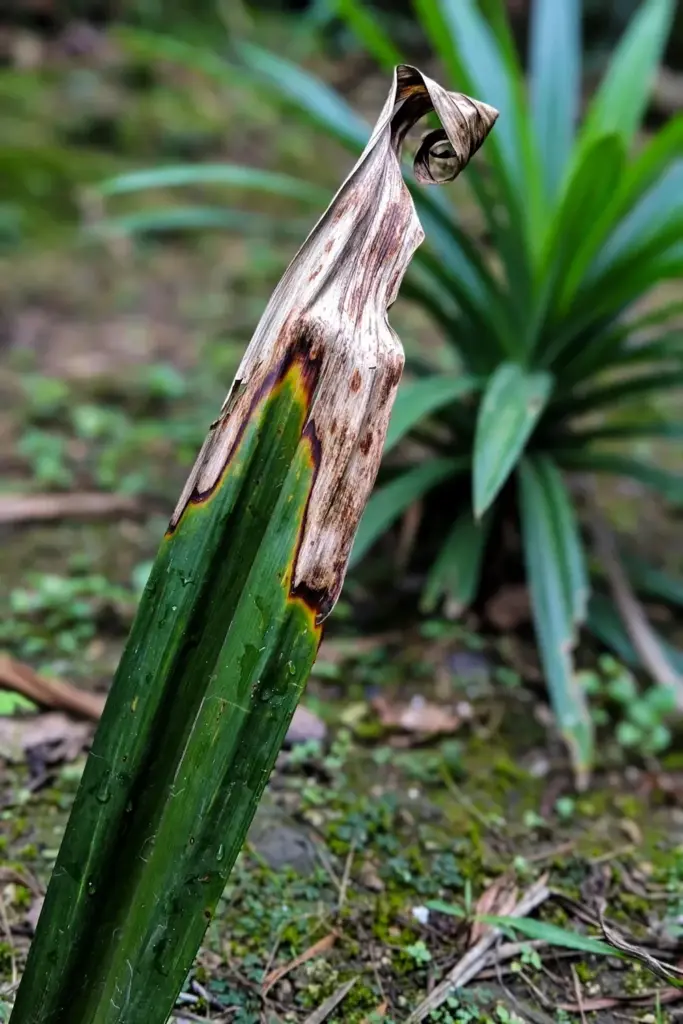 Pandan leaf with brown cold-damage patches