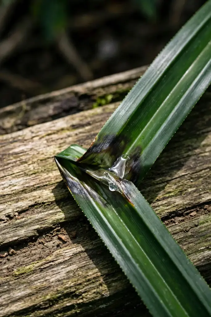Bruised pandan leaf fold showing the crushed fragrant section