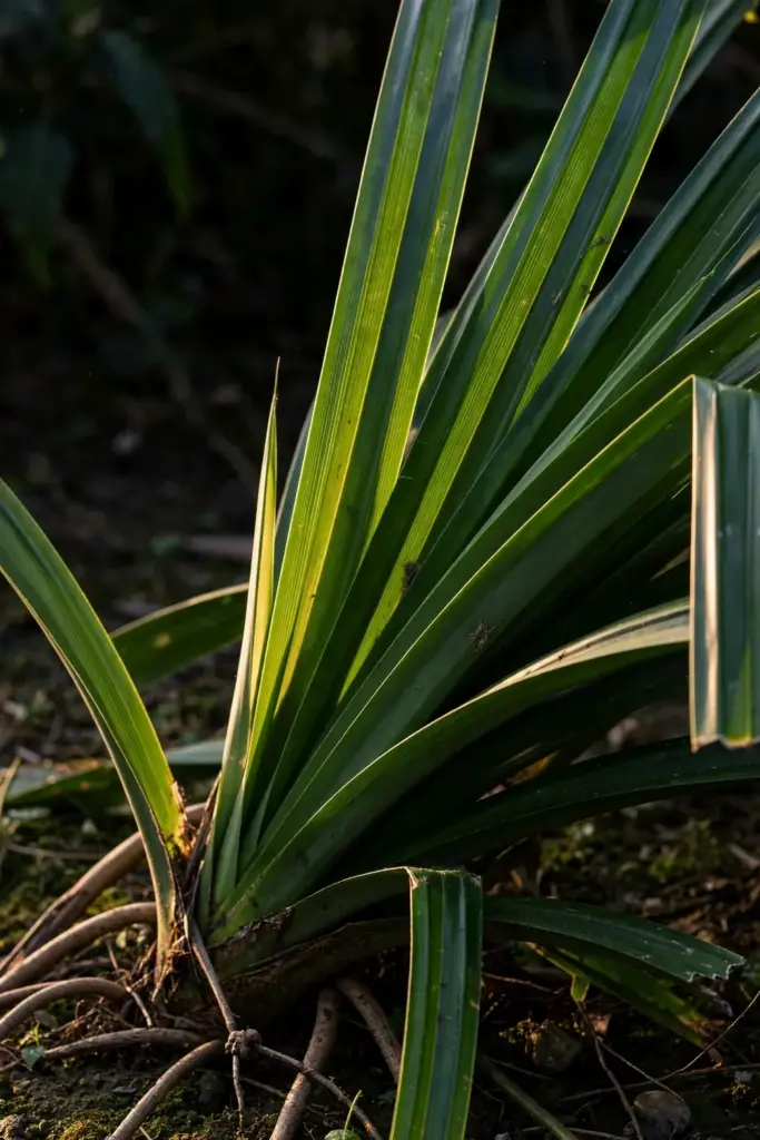 Backlit pandan leaf fan with glowing veins and aerial roots