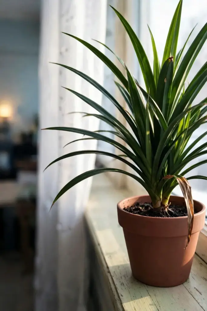 Potted pandan overwintering on a bright indoor windowsill
