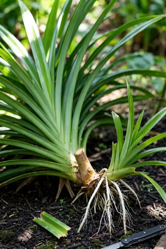 Pandan sucker with aerial roots separated from the mother plant